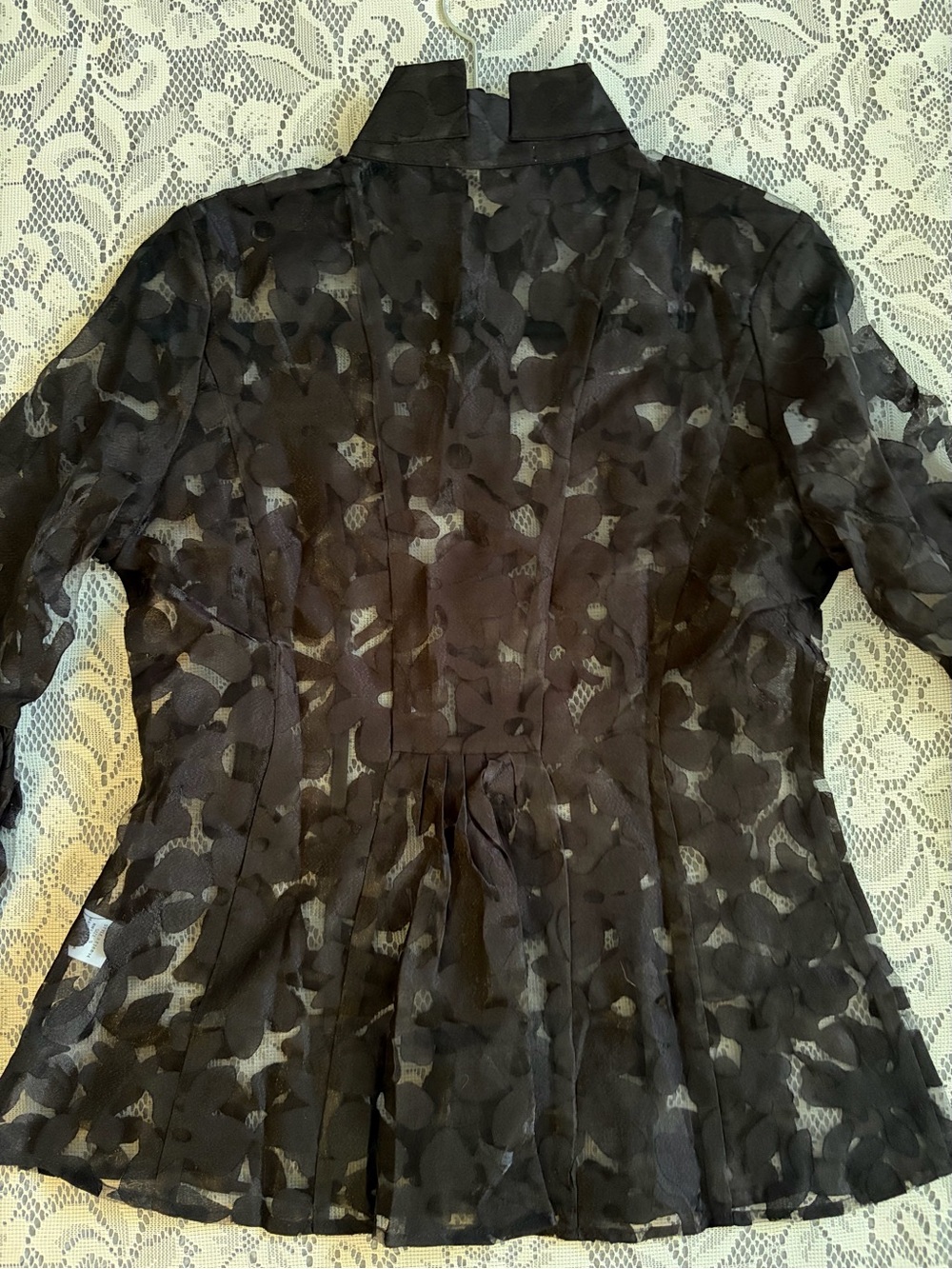 Gracia Black Sheer Burnout Blouse with Tiered Dramatic Bell Poet Sleeves - Picture 6 of 8